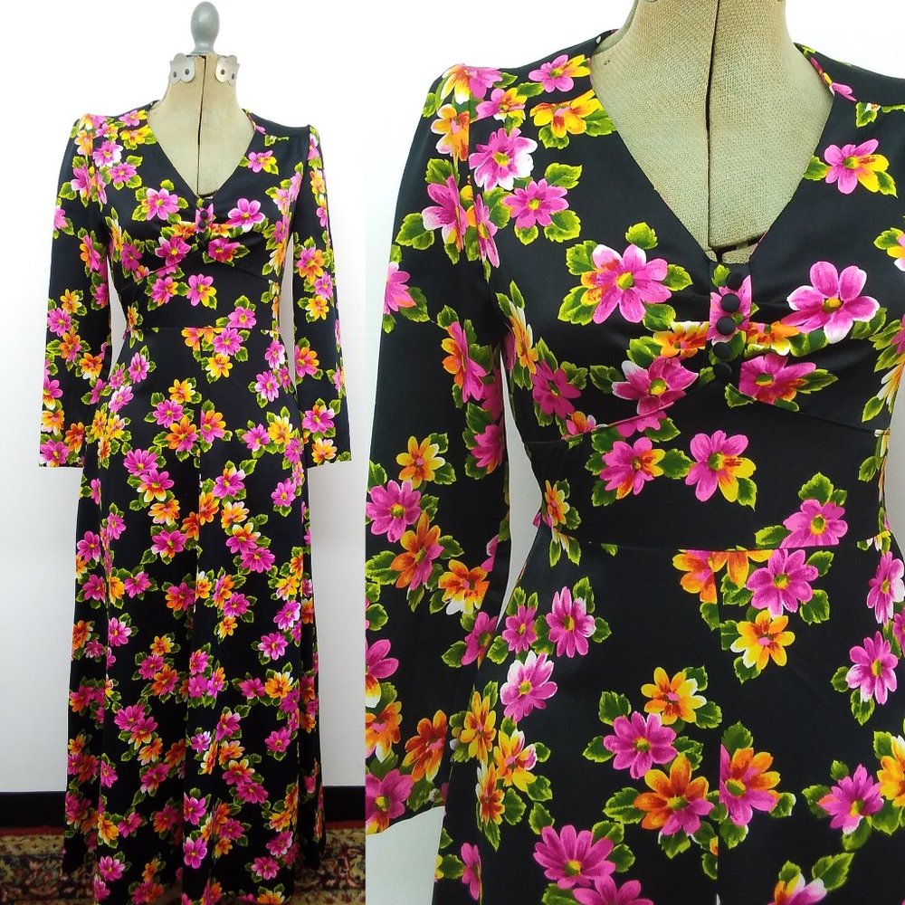 Vintage 60s/70s Black Floral Evening Gown Long Sleeve Maxi Dress